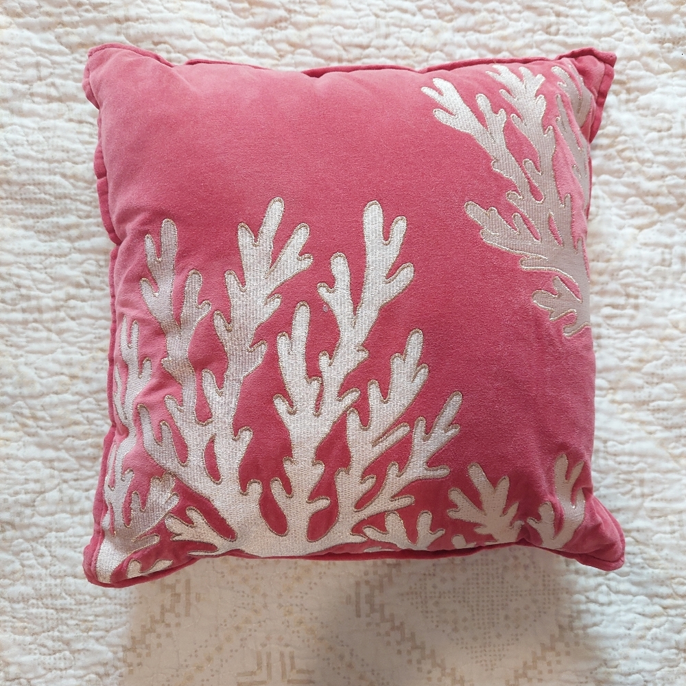 Pink Pillow With Embroidered Coral With Silver Trim Size 13 X 13